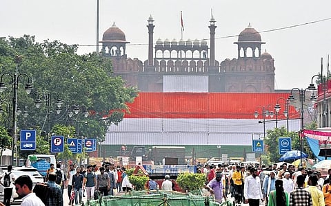 Shipping containers placed in front of Red Fort ahead of Independence day celebrations at Chandni Chowk on Monday. (Photo | Parveen Negi)