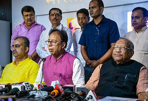 Bihar BJP President Sanjay Jaiswal with Bihar Deputy CM Tarkishore Prasad addresses a press conference after the resignation of Bihar Chief Minister Nitish Kumar. (Photo | PTI)