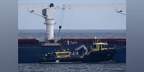 The Sierra Leone-flagged Razoni, loaded up with 26,000 tons of corn, is the first cargo ship to leave Ukraine since the Russian invasion, and set sail from Odesa. (Photo | AP)
