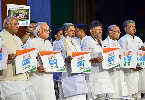 Congress leaders D K Shivakumar, Jairam Ramesh, Mallikarjun Kharge, Siddaramaiah and Digvijay Singh during a programme for the preparation of 'Bharat Jodo Yatra'. (Photo | PTI)