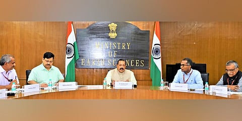 Union minister of state, Dr Jitendra Singh chairing a high-level meeting related to the Science Conclave. (Photo | Twitter, @DrJitendraSingh)