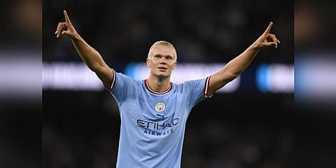 Manchester City's Norwegian striker Erling Haaland celebrates after scoring the team's third goal during the English Premier League football match. (Photo | AFP)