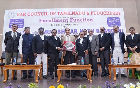 Chief Justice of Madras HC Munishwar Nath Bhandari during the enrolment ceremony on Tuesday | Express