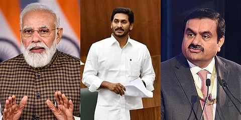 Prime Minister Narendra Modi, Andhra Pradesh Chief Minister YS Jagan Mohan Reddy, and business tycoon Gautam Adani (Photos | PTI)