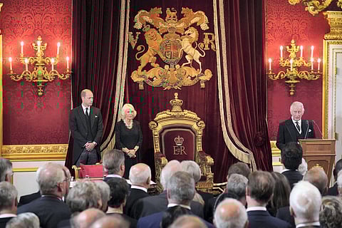 Britain's Prince William, Camilla, the Queen Consort and King Charles III, before Privy Council members in the Throne Room (Photo | AP)