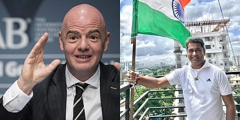 FIFA boss Gianni Infantino, AIFF president Kalyan Chaubey (Photo | AP, Facebook)