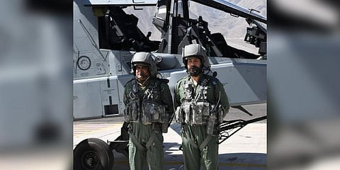 Army chief General Manoj Pande flew in an Apache attack helicopter of the Indian Air Force in the Ladakh sector. (Photo | Twitter, @IAF_MCC)