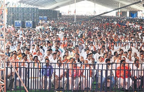 BJP workers and supporters attend the ruling party’s Janaspandana programme in Doddaballapura on Saturday | Express