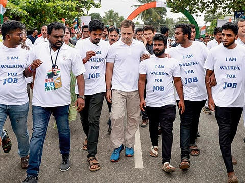 Congress leader Rahul Gandhi with party workers during the ongoing 'Bharat Jodo Yatra' of Congress, in Kanyakumari district. (Photo | PTI)