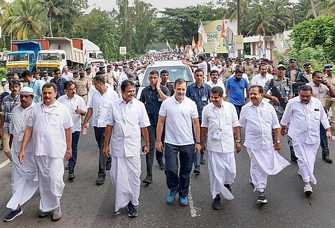 Congress leader Rahul Gandhi with party leaders and workers during the Bharat Jodo Yatra, in Thiruvananthapuram district. (Photo | PTI)