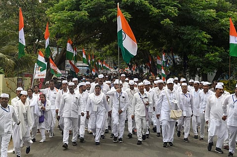 Bharat Yatris and other Congress workers during the 'Bharat Jodo Yatra', in Kanyakumari. (File Photo | PTI)