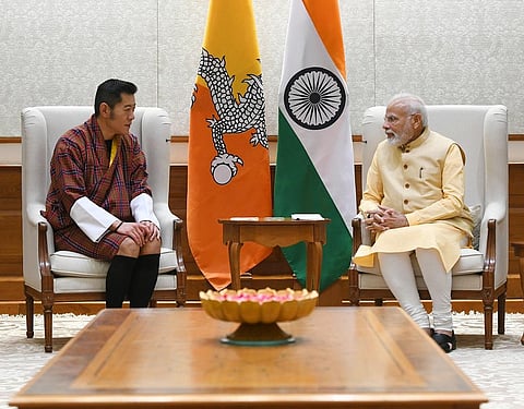 Bhutan king Jigme Khesar Namgyel Wangchuck with Prime Minister Narendra Modi on Wednesday. (Photo | Twitter PM)