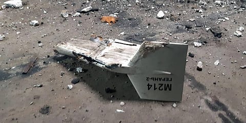 Undated photograph released by the Ukrainian military shows the wreckage of what Kyiv has described as an Iranian Shahed drone.(Photo | AP)