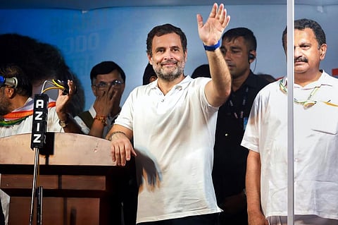 Congress leader Rahul Gandhi waves at supporters during a public meeting at Kallambalam, in Thiruvananthapuram district, Tuesday, Sept. 13, 2022. (Photo | PTI)