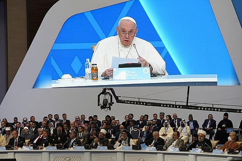 Participants listen to Pope Francis speaking at the '7th Congress of Leaders of World and Traditional Religions (Photo | AP)