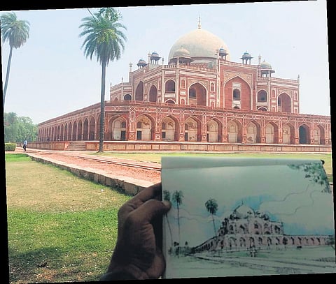 Sketches by Shree Naik of (1) the Hum ayu n’s Tomb; (2) Sikandar Lodi Tomb, Lodhi Garden; ( 3) I ndi a Habitat Ce ntr e; (4) a market in Chittaranjan Park; (5) Shanti Stupa, Indraprastha Park, Salim G