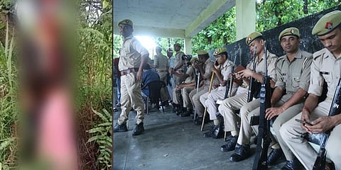 (L-R) Two minor sisters found hanging from tree in Lakhimpur. Security personnel outside a mortuary during post-mortem of one of two minor Dalit sisters (Photo | PTI)