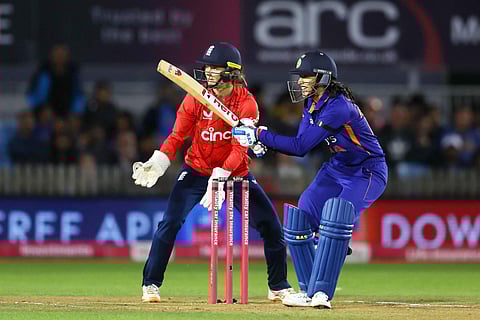 Indian batter Smriti Mandhana plays a shot during the 2nd T20 International cricket match between India and England, on September 13, 2022 night. (Photo | PTI)