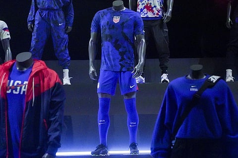 A new uniform, center, for the U.S. men's World Cup soccer team is displayed by Nike, Wednesday, Aug. 31, 2022, in New York. (Photo | AP)
