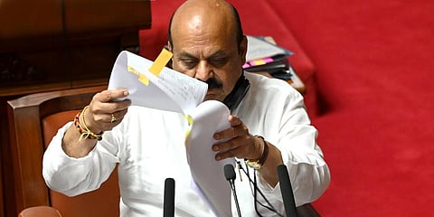 Chief Minister Basavaraj Bommai makes a point in the Council on Thursday | Nagaraja Gadekal
