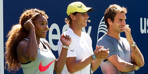 Tennis legends Serena Williams, Rafael Nadal and Roger Federer seen together. (File Photo | AP)