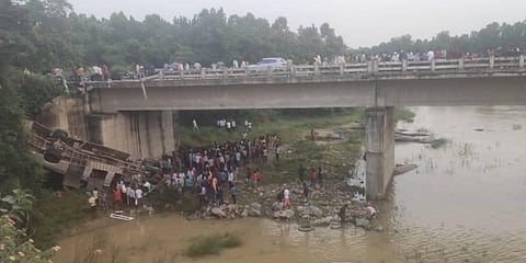 A bus carrying around 50 passengers fell off a bridge in Jharkhand's Hazaribag district on Saturday. (Photo | Special Arrangement)