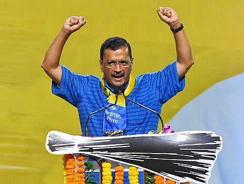 Delhi Chief Minister Arvind Kejriwal addressing the 'Rashtriya Jan Pratinidhi Sammelan' at Indira Gandhi Indoor Stadium in New Delhi. (Photo | ANI)