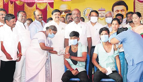 Health Minister Ma Subramanian at a vaccination drive held as part of the 37th mega vaccination camp, in Chennai on Sunday | Express