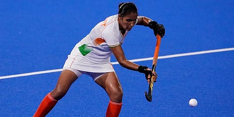 India's Gurjit Kaur intercepts a high pass during a women's field hockey semi-final match against Argentina at the 2020 Summer Olympics in Tokyo, Japan. (Photo | AP)