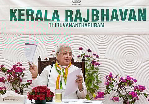 Kerala Governor Arif Mohammad Khan addresses a press conference at Raj Bhavan, in Thiruvananthapuram. (Photo | PTI)