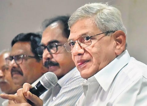 CPM general secretary Sitaram Yechury addresses the media at MB Bhavan in Hyderabad on Sunday | RVK Rao