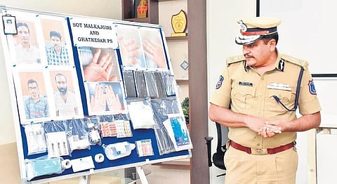 (From left) The right hand of a person after surgery; the stitches had healed a month after the surgery; Rachakonda Commissioner of Police Mahesh Bhagwat addresses the media in Hyderabad on Monday