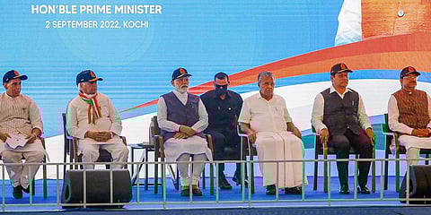 PM Modi addresses the commissioning ceremony of the first indigenously designed and built aircraft carrier, INS Vikrant, at Cochin Shipyard Limited in Kochi, Friday. (Photo | PTI)