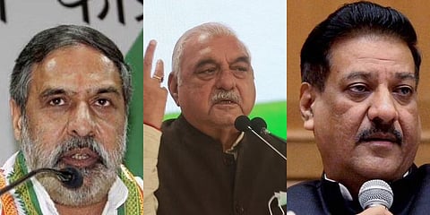Congress leaders Anand Sharma, Bhupinder Singh Hooda and Prithviraj Chavan (Photos | PTI, EPS)
