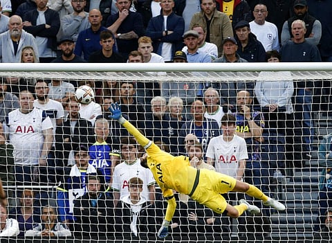 Tottenham's goalkeeper Hugo Lloris dives but fails to save the goal from Leicester's James Maddison during the English Premier League. (Photo | AP)
