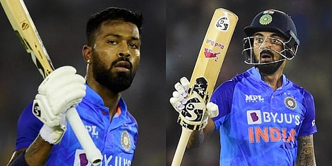 Cricketers Hardik Pandya (L) and KL Rahul (R) at the India vs Australia T20I series match. (Photos | PTI)