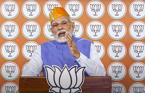 Prime Minister Narendra Modi addresses Council of Mayors and Deputy Mayors of BJP in Gujarat, via video conferencing from Delhi on Tuesday. (Photo | PTI)