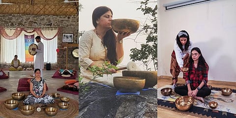 A sound healing session by Soul Setu Wellness Foundation; Deepti Lalwani striking gongs outdoors. (Right and below) Meher Munjal (in white) with participants at sound healing workshops | Express