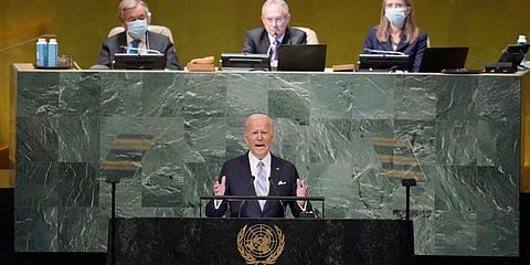 President Joe Biden addresses to the 77th session of the United Nations General Assembly on Wednesday. (Photo | AP)