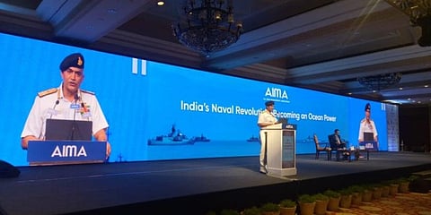 He spoke about the ways the Indian Navy is transforming itself to play a bigger role in the national security in the New World Order. (Photo | All India Management Association Twitter)