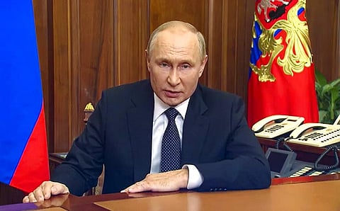 In this image made from a video released by the Russian Presidential Press Service, Russian President Vladimir Putin addresses the nation in Moscow, Russia. (Photo | AP)