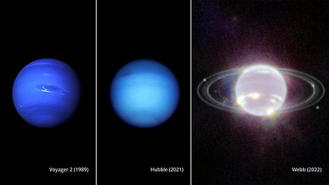 The composite image provided by NASA on Sept. 21, 2022, shows three side-by-side images of Neptune. (Photo | AP)
