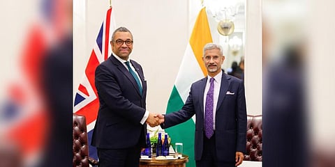 External Affairs Minister S Jaishankar with his British counterpart, James Cleverly (Photo | S Jaishankar @ Twitter)