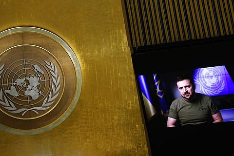 Ukrainian President Volodymyr Zelenskyy addresses the 77th session of the United Nations General Assembly, through video at UN headquarters on Sept. 21, 2022. (Photo | AP)