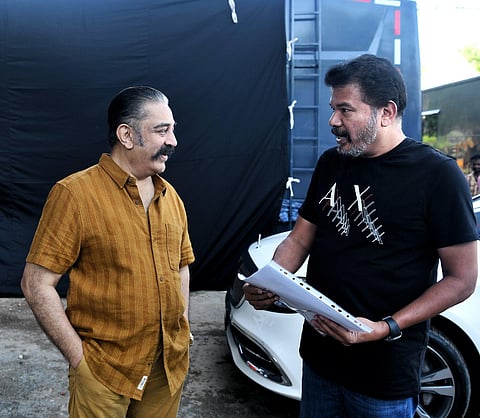 Kamal Haasan and Director Shankar on the sets of 'Indian 2' (Photo | Twitter)