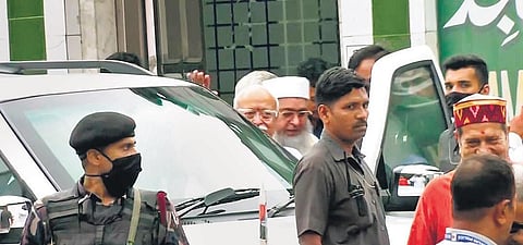 RSS head Mohan Bhagwat (C) leaves after a meeting with the All India Imam Organisation chief Umer Ahmed Ilyasi, at a mosque in Delhi on Thursday | ANI