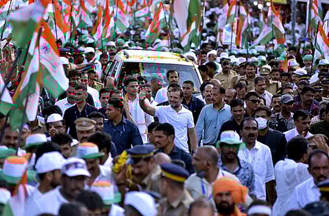 Rahul Gandhi, accompanied by fellow Congress leader Sachin Pilot, leads the Bharat Jodo Yatra when it reached Kalamassery in Kochi on Wednesday. (Photo | A Sanesh, EPS)