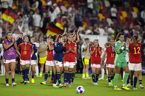 Spain players applaud the fans at the end of a Women Euro 2022 group B soccer match against German on July 12, 2022, in London. (Photo | AP)