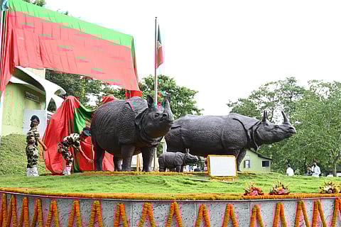 'Abode of the Unicorns': Kaziranga National Park gets three rhino sculptures made of burnt rhino horns ash. (Photo | Special Arrangement)