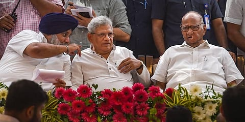 NCP chief Sharad Pawar, SAD President Sukhbir Singh Badal and CPI (M) General Secretary Sitaram Yechury during a rally organised by INLD. (Photo | PTI)